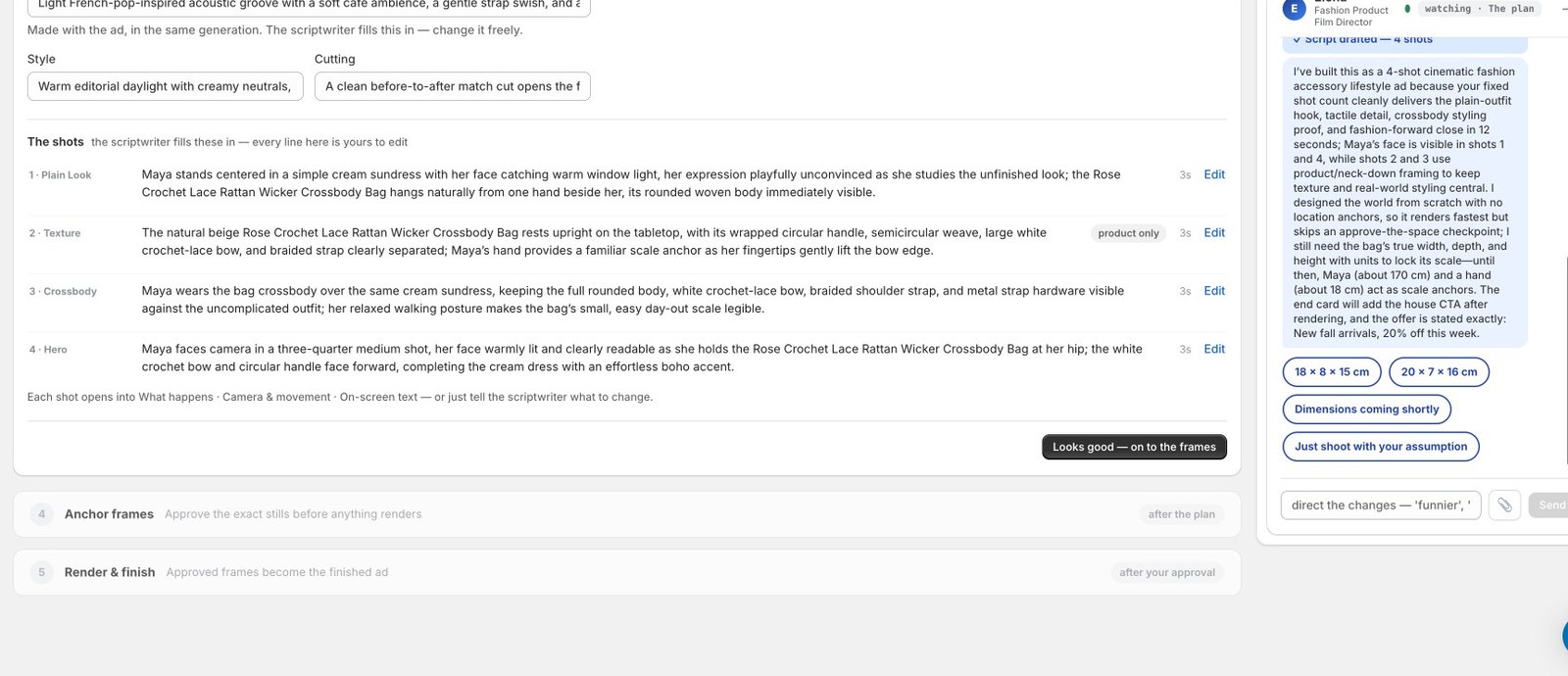 Step 3, the draft: the scriptwriter's four shots with a line each, the soundtrack and cutting notes, and the chat explaining the choices
