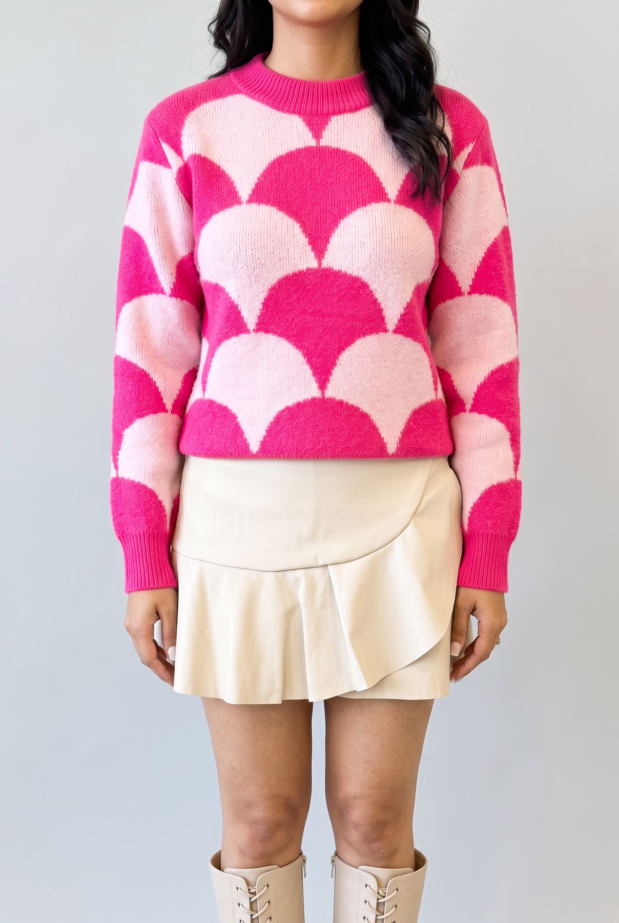 After: studio render of the Say Something Sweater, cropped at the chin