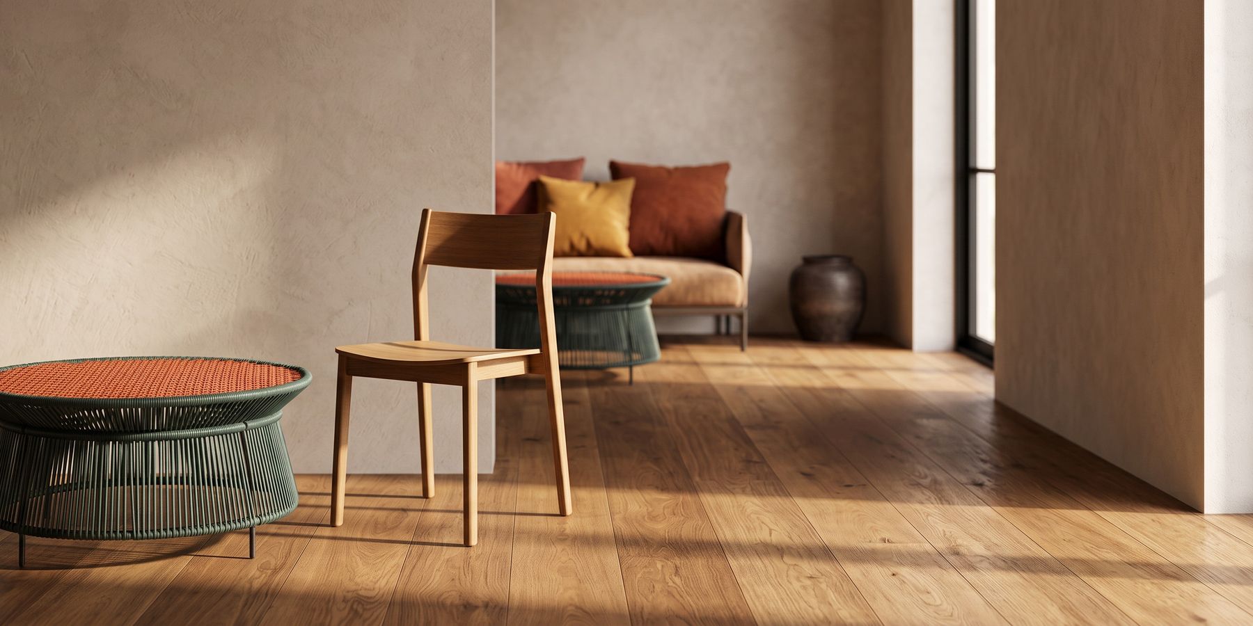 The side table, a chair and a sofa from one collection composed into a single continuous room