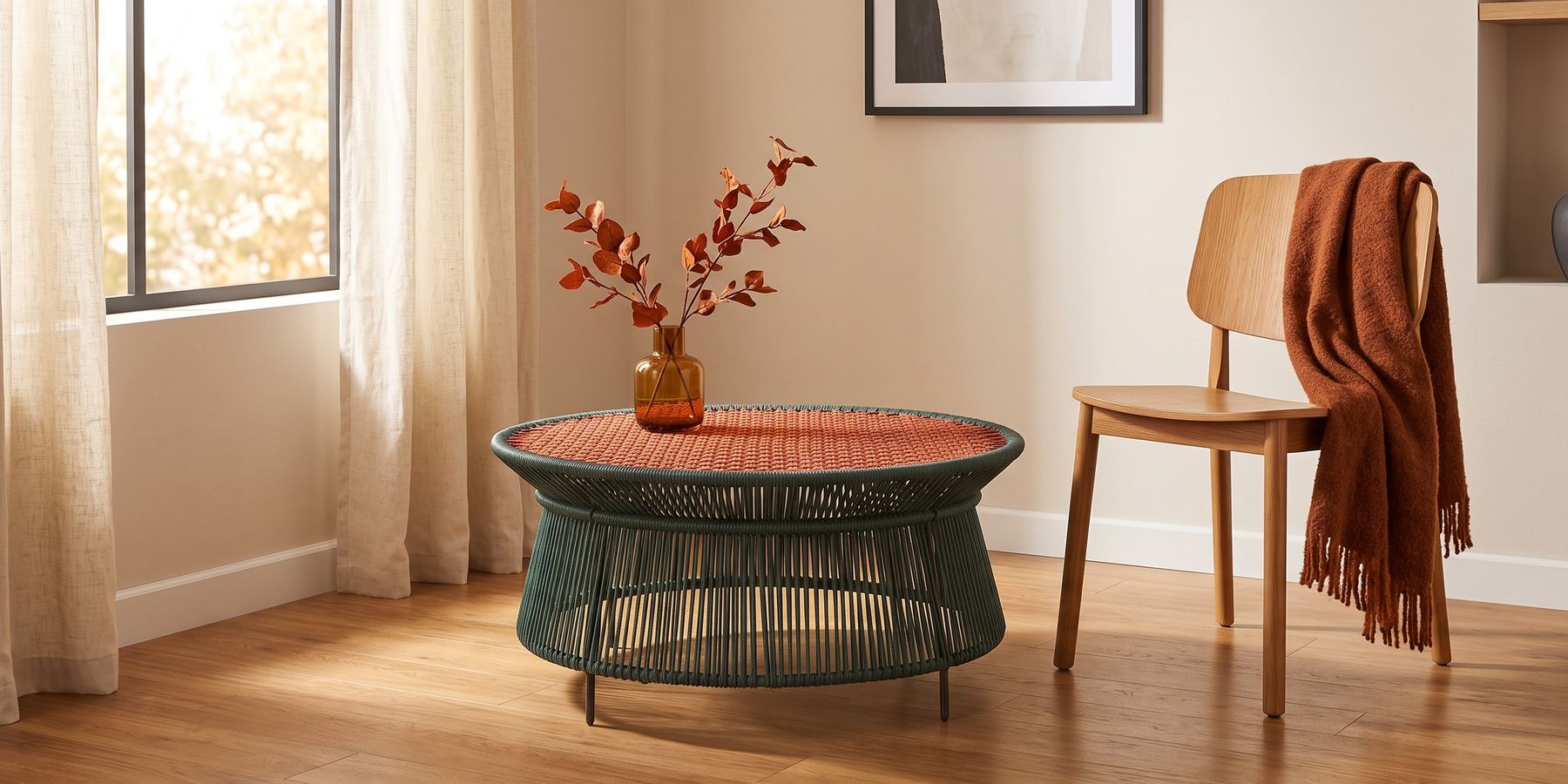 The render: a chair, a throw and a green side table to the right of a warm room, the left side composed for words