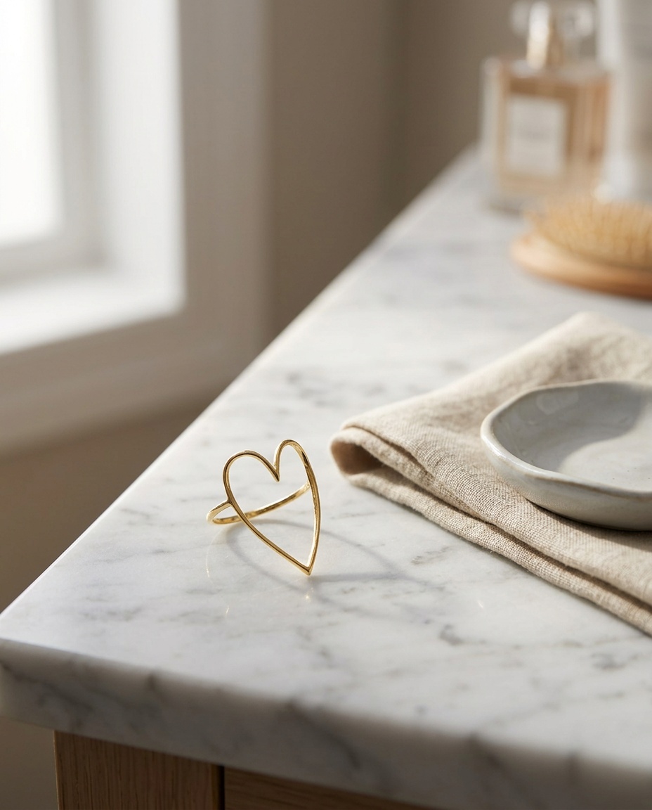 The lifestyle image: the heart ring on a marble vanity with linen and a ceramic dish in morning light