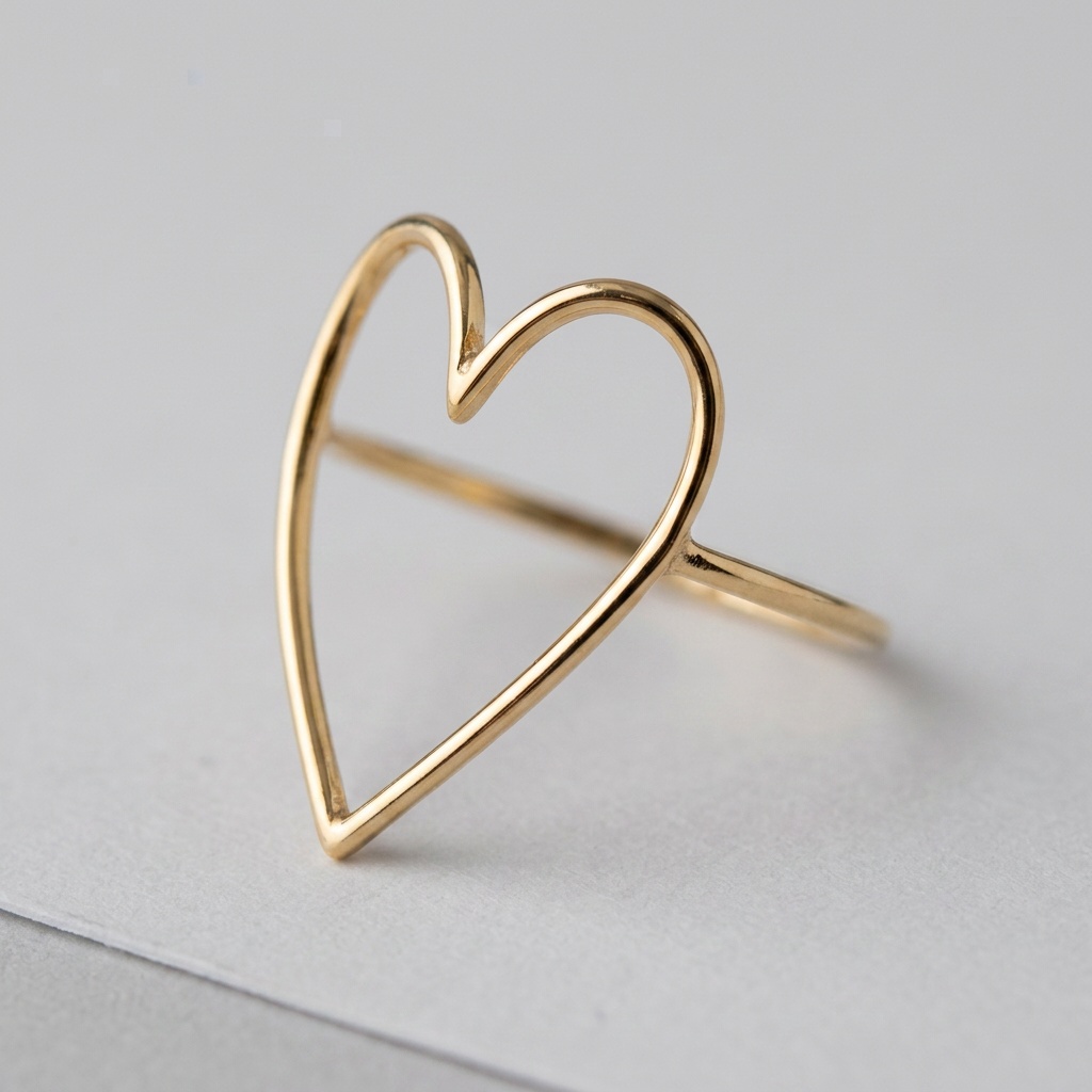 The macro: the heart ring's wire and joins in sharp focus on a grey matte surface