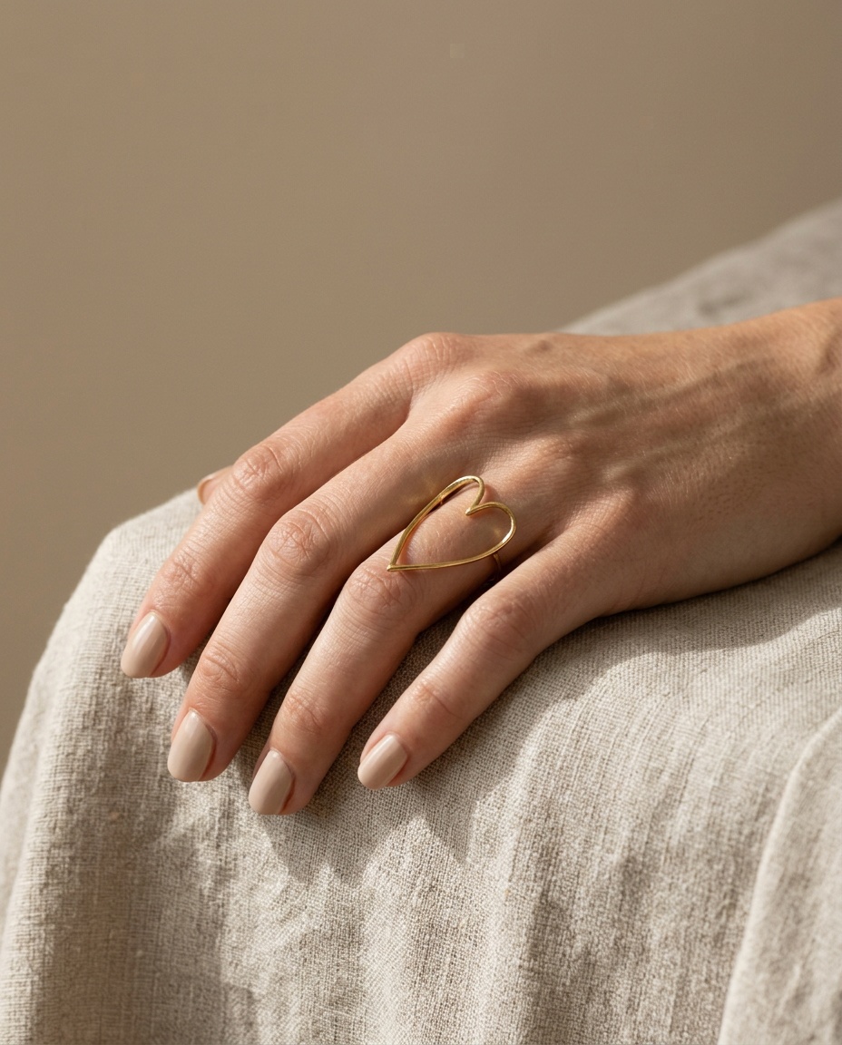 The scale shot: the heart ring on a hand resting on linen, so its size is unmistakable