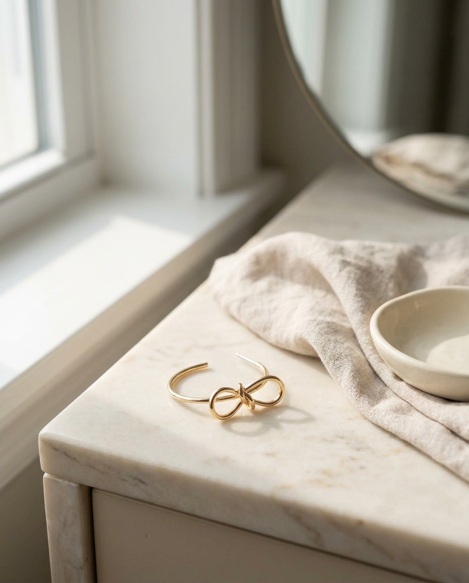 The lifestyle image: the bow hoops on the same vanity, the jewellery the sharpest thing in the frame