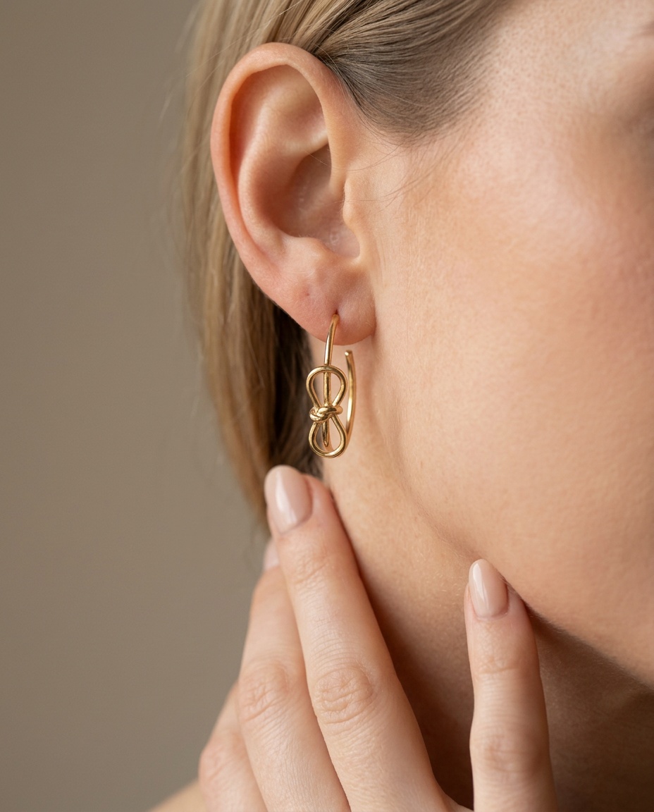 The scale shot: the bow hoop in the ear, head turned so the earring and jawline read